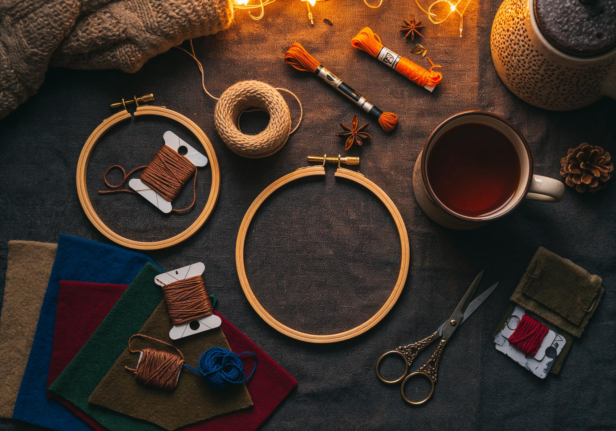 studio workbench with threads and hoops